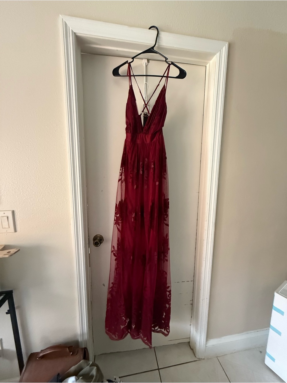 Luxxel Deep Burgundy Floral Lace Maxi Dress with Crisscross Straps